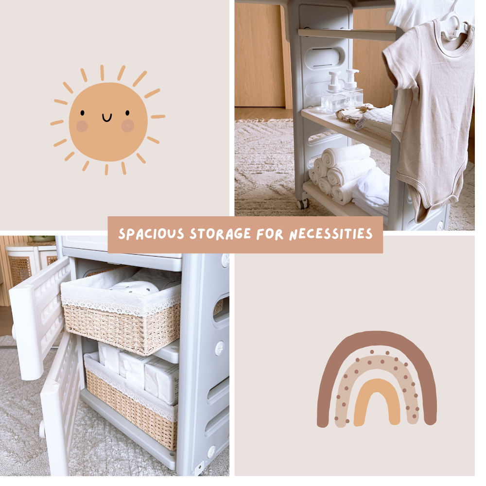 Spacious nappy changing table with storage baskets and compartments.